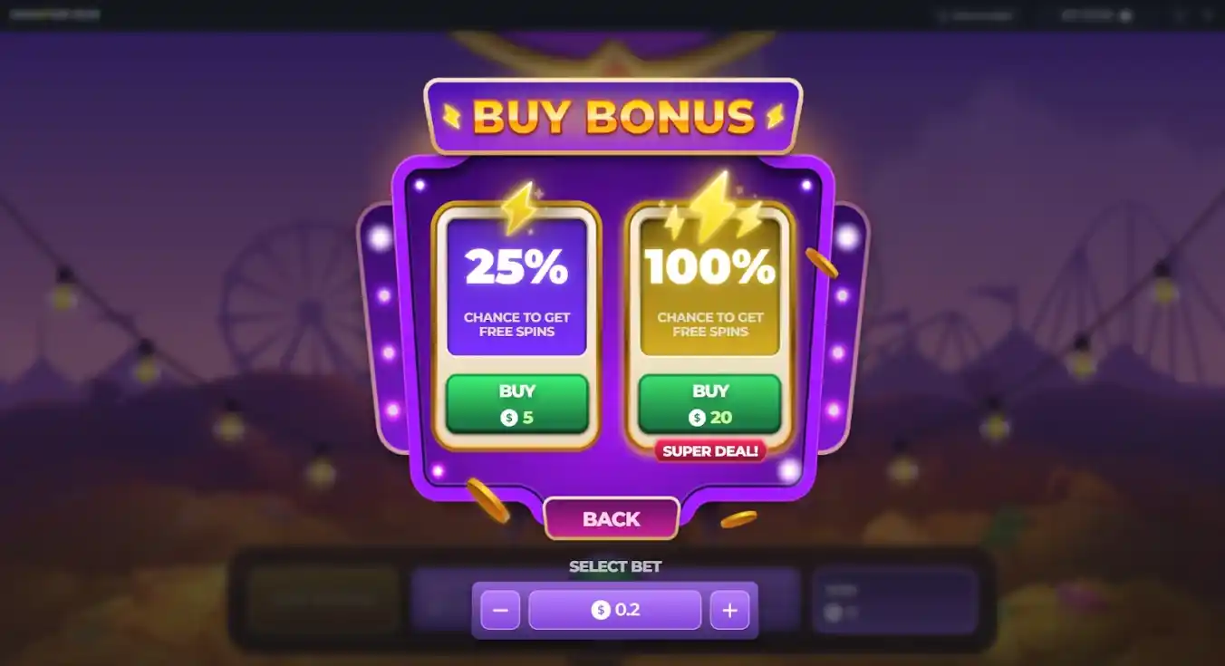 Bonus selection popup offering different chances to win free spins with bright UI