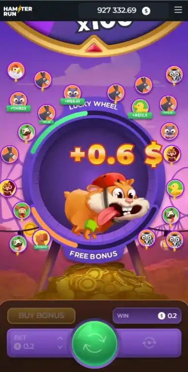 Round wheel with hamster mid-run, showing win amount and player avatars