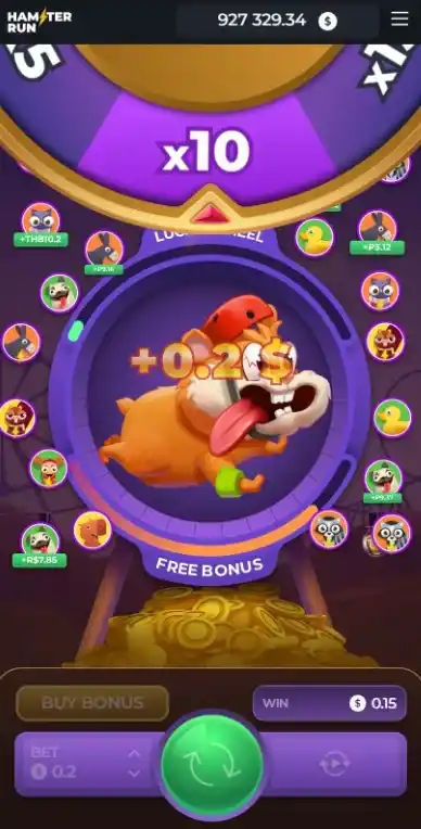Cartoon hamster running with coin rewards displayed, surrounded by player avatars