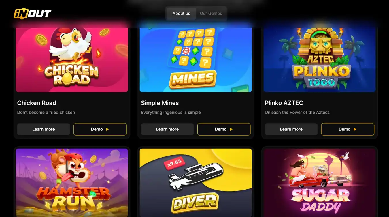 Game selection screen showing various colorful games like Chicken Road and Diver